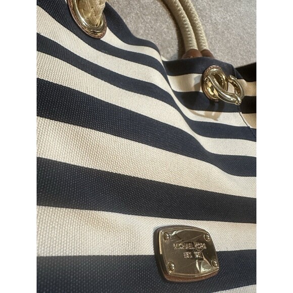 Michael Kors Marina Navy Blue White Stripe Nautical Canvas Tote - Picture 5 of 16
